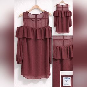 Old Navy Maroon Cold-Shoulder Ruffle Blouse